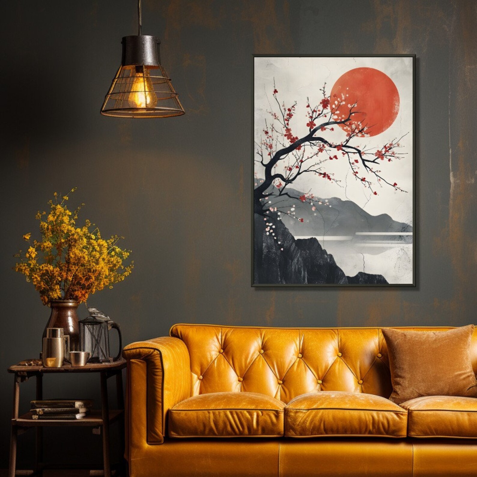 Japandi Wall Art, Japanese Inspired Wall Art, Sakura Bloom Decor, Red Sun, Wabi Sabi, Framed ...