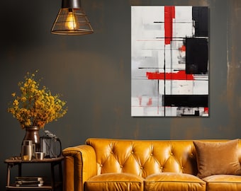 Bold Abstract Canvas Art: Modern Geometric Wall Decor in Black, White & Red, Eye-Catching Statement Piece for Living Room, Office, or Studio