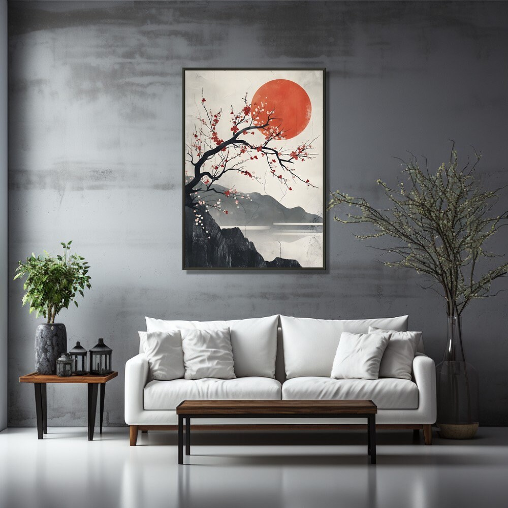 Japandi Wall Art, Japanese Inspired Wall Art, Sakura Bloom Decor, Red ...