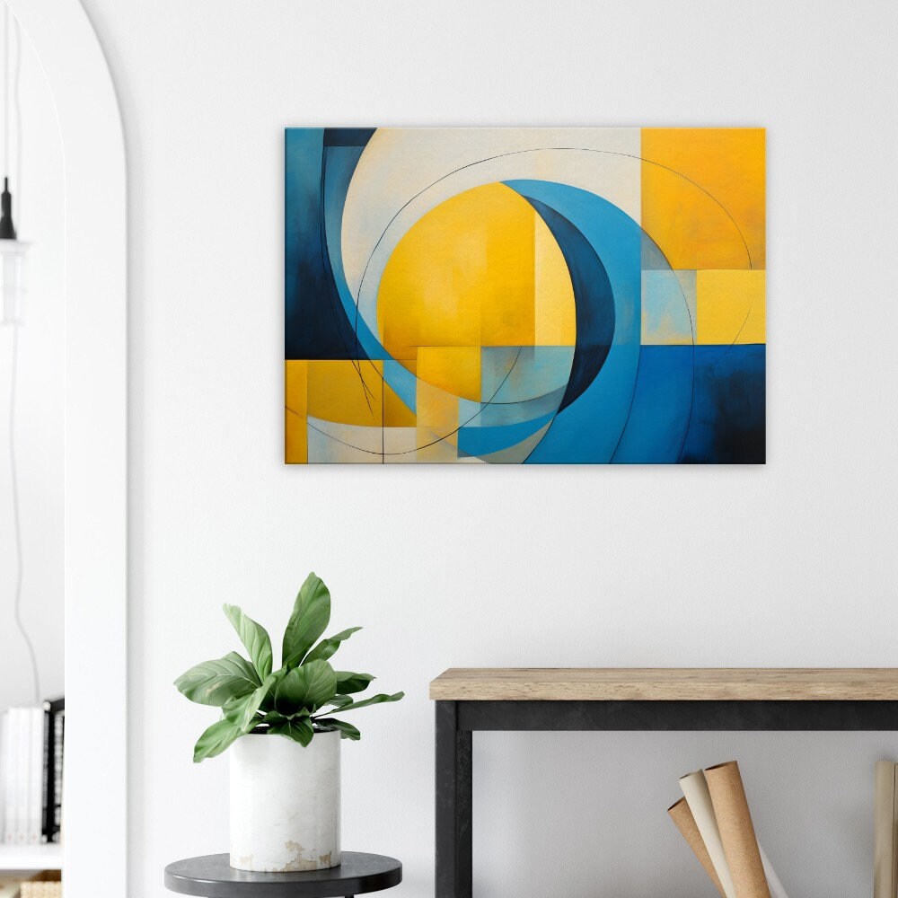 Abstract Wall Art Canvas, Geometric Shapes in Striking Blue & Yellow, Bold Contrast, Subtle Gradients, Abstract Circles and Squares