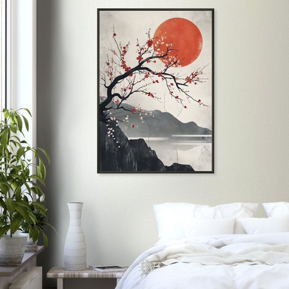 Japandi Wall Art, Japanese Inspired Wall Art, Sakura Bloom Decor, Red Sun, Wabi Sabi, Framed ...
