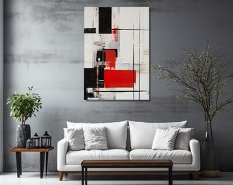 Modern Abstract Canvas Wall Art: Vibrant Red, Black & White - Geometric Shapes in Striking Minimalist Aesthetics