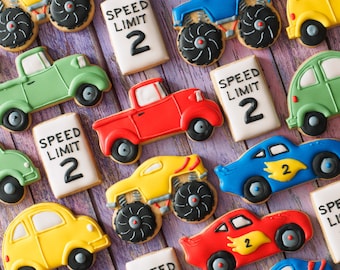 Cars and Trucks Birthday Cookies | Customizable Cars and Trucks Theme Cookies with Monster Trucks, Race Cars, Speed Limit Sign