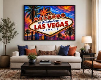 Las Vegas Welcome Sign Wall Art Printable | Colorful Oil Painting Style | Nevada Travel Decor | Instant Download PNG | Free B&W Version
