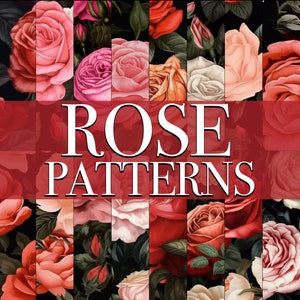Peut inclure: Un collage de motifs de roses de différentes couleurs, rouge, rose, blanc et jaune. Les roses sont disposées en un motif répétitif, créant un design floral. Le texte "ROSE PATTERNS" est affiché en lettres blanches sur un fond rouge.