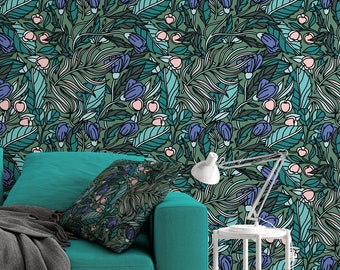Green buds and leaves - Peel and stick wallpaper, Removable , traditional wallpaper #53063