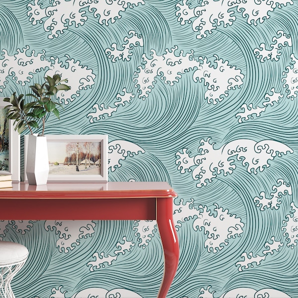 Japanese Ocean Waves Wallpaper White Swirl on green background - Removable Self Adhesive pattern wallpaper #3197