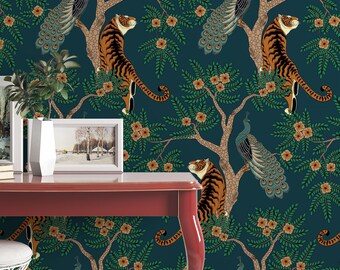 Tiger and Peacock in the woods on the deep green background wall decor Peel and Stick animals removable wallpaper 3252