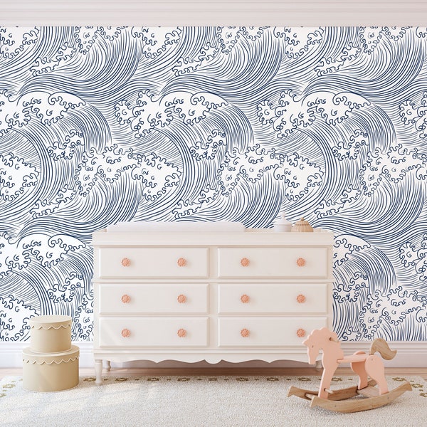 Japanese Ocean Waves Wallpaper White Swirl - Removable Self Adhesive pattern wallpaper #3248