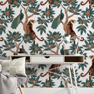 Wallpaper Peel and Stick- Traditional wallpaper - Tiger and Peacock in the woods 3145