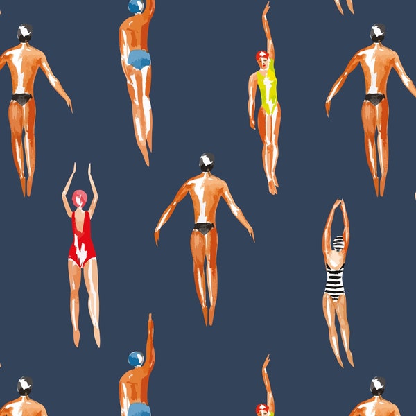 Swimmers Retro Wallpaper Navy Gray Background - Peel & Stick Wallpaper - Removable Self Adhesive and Traditional wallpaper 3447