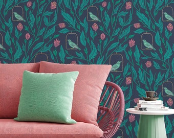 Spring garden, plants and birds, dark wallpaper  - Peel and stick wallpaper, Removable , traditional wallpaper - 3201