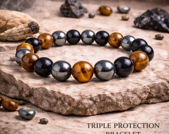 Triple Protection Bracelet | Tiger's Eye, Hematite, Black Obsidian Bracelet | Men's Crystal Jewellery 8mm and 10mm