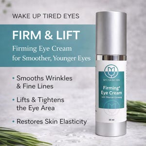 May include: A silver and white eye cream bottle with the text "FIRM & LIFT" and "Firming Eye Cream" is displayed. The label includes "MYOSKINCARE" and "Firming Eye Cream with Siberian Ginseng". The product promises to smooth wrinkles, lift and tighten the eye area, and restore skin elasticity. The bottle contains 30 ml.