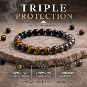 May include: A bracelet made of obsidian, tiger's eye, and hematite beads. The bracelet features black, brown, and silver-coloured beads. The image includes the text "TRIPLE PROTECTION" and "PROTECT YOUR ENERGY". The bracelet is designed for protection, grounding, and strength.
