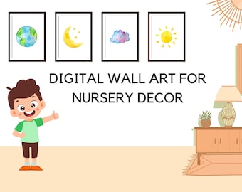 Cute Planet Prints | Set of 6 | Planet Nursery Decor | Sun Moon Rainbow Light | Digital Prints | Sky Nursery Decor | Rabbit Nursery Theme