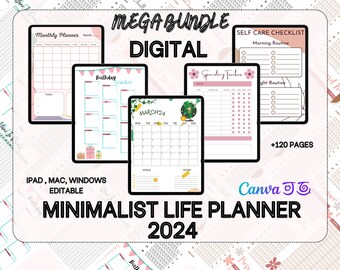 Minimalist Digital Health Planner | Well Being | Habit Builder | Life Planner | Increase Productivity | CANVA Editable iPad , Mac, PDF |