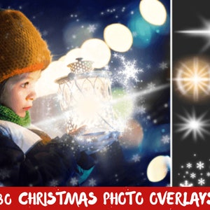 May include: A child wearing a knit hat and scarf holds a glowing lantern, surrounded by snowflakes and bokeh lights. The image includes a selection of Christmas photo overlays. Text at the bottom reads "30 CHRISTMAS PHOTO OVERLAYS."