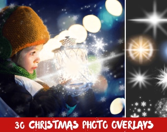 Creative digital Christmas photo overlays for Photoshop with sparkle & bokeh effect, great for Christmas shoots Snowflakes PNG image