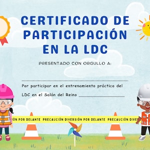 Certificado para niños de LDC (11 x 8,5 pulgadas, tamaño carta de EE. UU.) Descarga digital / Voluntariado para capacitación en mantenimiento del Salón del Reino / Imprimir en casa en español