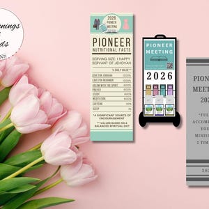 May include: A pink and green floral design with the text "Beginnings 2 Ends DIGITAL DESIGNS". The image includes three vertical designs for the 2026 Pioneer Meeting, with text and graphics.