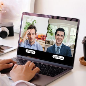 Virtual background of person sitting at desk using a laptop which displays a man sitting in front of window seat with bookshelf for zoom and virtual meeting streaming backdrop.