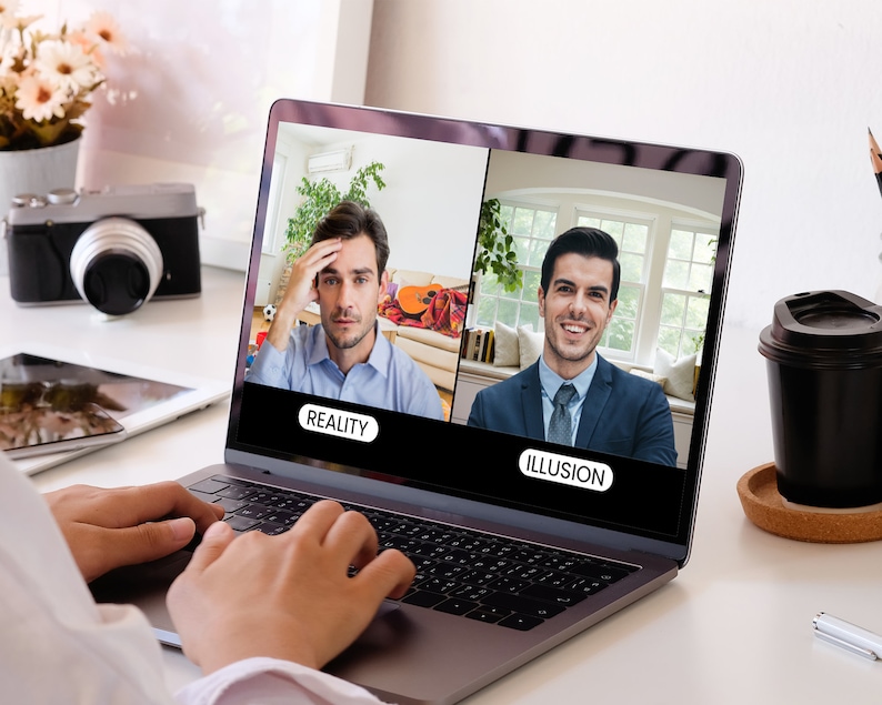 Virtual background of person sitting at desk using a laptop which displays a man sitting in front of window seat with bookshelf for zoom and virtual meeting streaming backdrop.