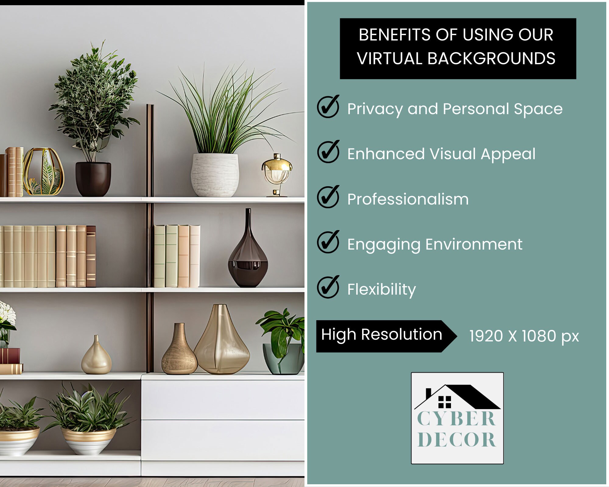 Zoom Background With Plants, Bookshelf Background, Bookcase Backdrop ...