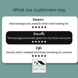 5 star reviews from Cyber Decor's customers for virtual backgrounds for zoom, webex, microsoft teams, goto meeting, google meet, and other platforms.