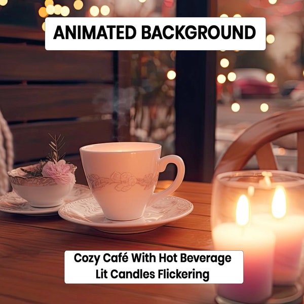 vtuber Animated Twitch Overlay, Cozy Ambience Animated Stream Overlay, vtuber Fantasy Cafe Background, Hot Beverage, Flickering Candles