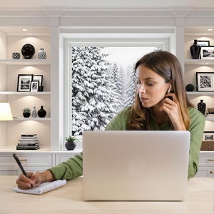 May include: A woman wearing a green shirt is working on a laptop at a wooden desk. She is holding a pen and notepad. A window with a snowy forest view is behind her. Shelves with decorative items are on either side of the window.