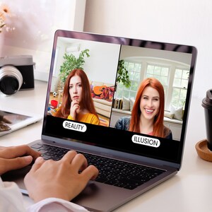 Virtual background of person sitting at desk using a laptop which displays a woman sitting in front of window seat with bookshelf for zoom and virtual meeting streaming backdrop.