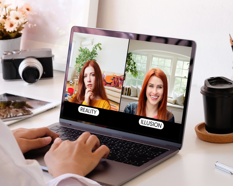 Virtual background of person sitting at desk using a laptop which displays a woman sitting in front of window seat with bookshelf for zoom and virtual meeting streaming backdrop.