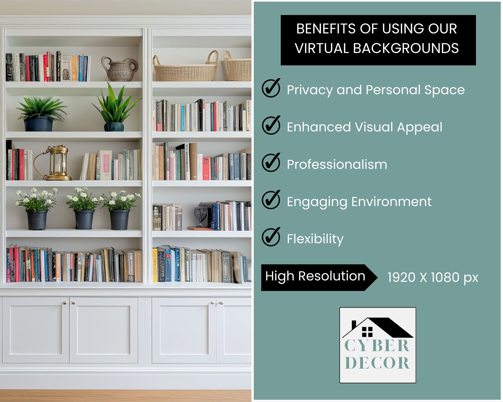 White Bookshelf Virtual Background: Home Office Backdrop (digital ...