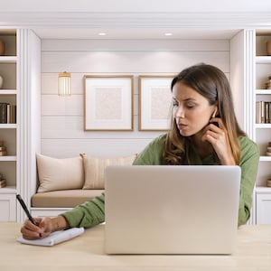 May include: A woman wearing a green long-sleeve shirt is working on a laptop at a wooden desk. She is writing on a notepad with a pen. The background includes a built-in bench with pillows, framed artwork, and bookshelves.