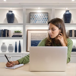 Peut inclure: Une femme travaille sur un ordinateur portable et écrit dans un carnet. En arrière-plan, un meuble blanc intégré avec des étagères exposant des livres, des vases et des œuvres d'art encadrées. Les vases sont bleus et blancs, et l'œuvre d'art présente un motif bleu et blanc.