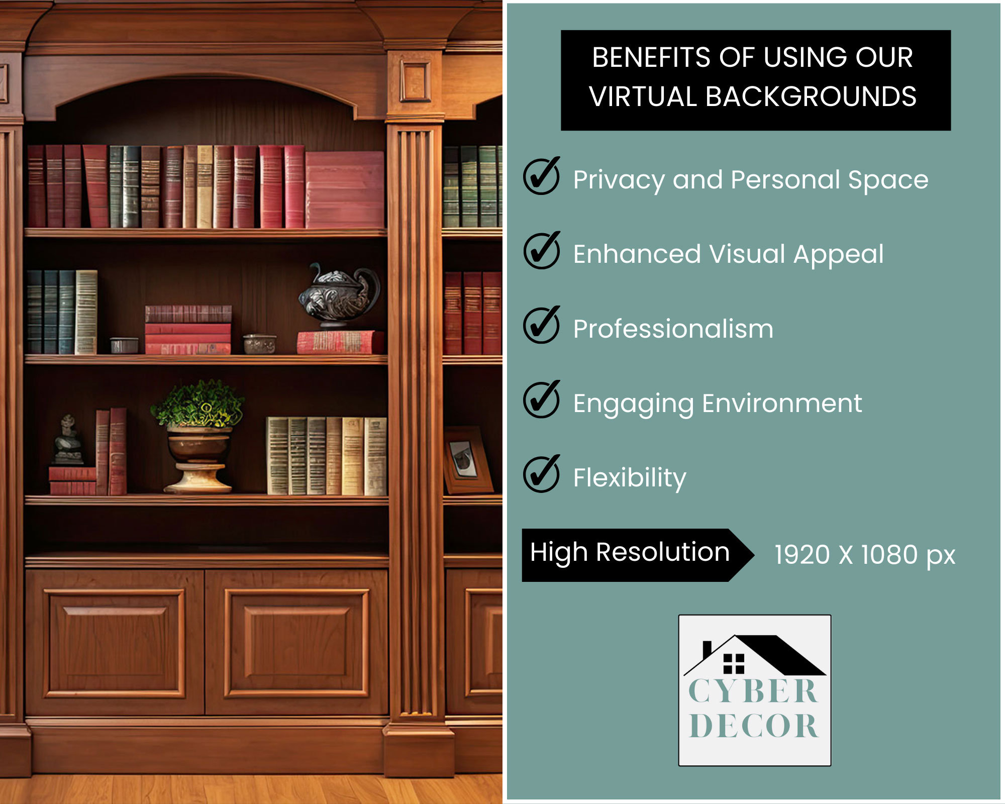 Zoom Background Home Office, Bookshelves Backdrop, Microsoft Teams