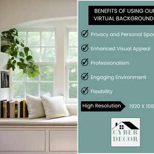 Benefits of using Cyber Decor's virtual backgrounds for zoom, webex, microsoft teams, goto meeting, google meet, and other platforms.