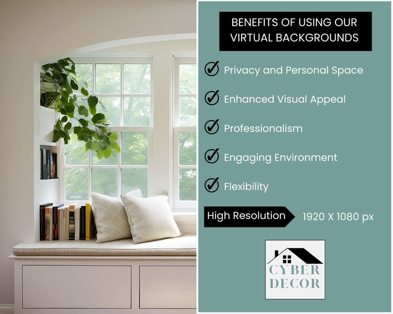 Benefits of using Cyber Decor's virtual backgrounds for zoom, webex, microsoft teams, goto meeting, google meet, and other platforms.