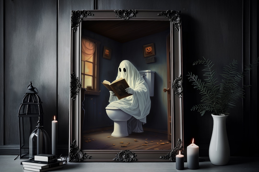 Ghost Cute on Toilet Poster, Dark Romantic Ghost Toilet Creepy, Horror