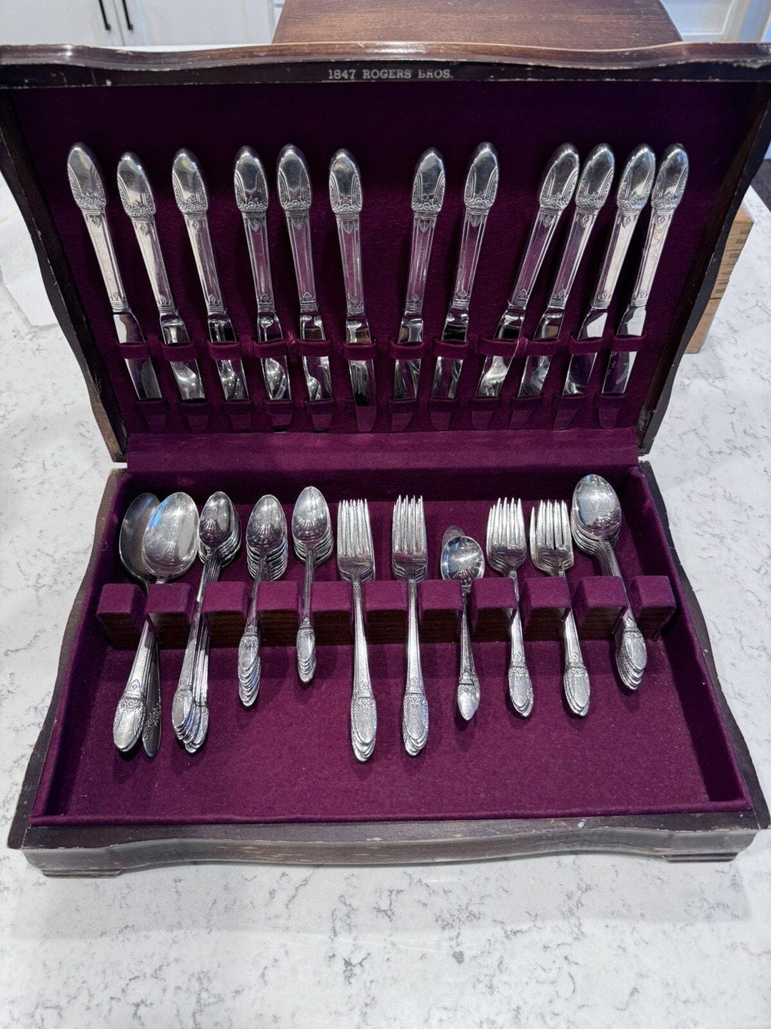 68 Piece Set FIRST LOVE IS Silverplate Flatware in Chest 1847