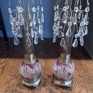 waterfall lamps crystal prisms hollywood regency art deco 1940&#39;s RARE set Of 2