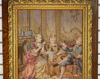 Large French Needlepoint Rare Ornate Framed 21x23” Lounge Scene Tapestry Artwork