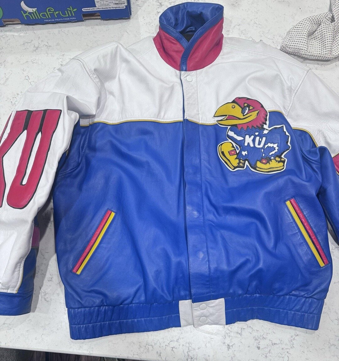VTG Kansas University KU Jayhawks Mens Leather Jacket Ringside