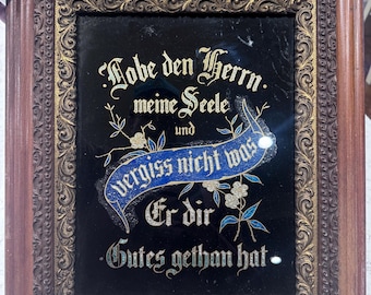 Antique Victorian Era Foil Reverse Print German Proverb on Glass Ornate Frame
