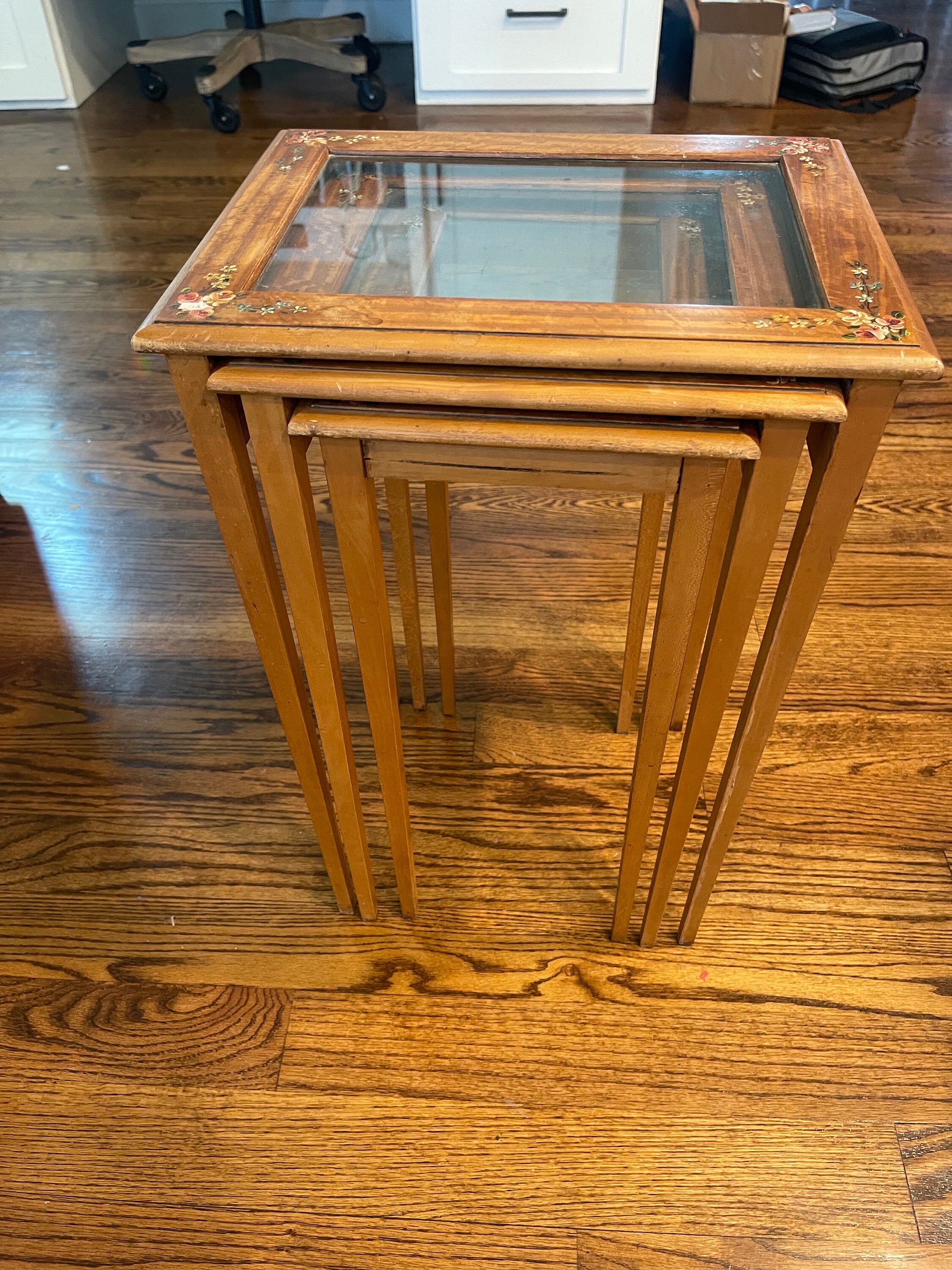 Antique Wood Nesting Tables With Glass and Hand Painted Top Pencil Post ...