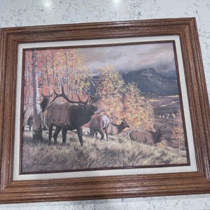 May include: Framed artwork featuring a herd of elk in a forest setting. The painting depicts several elk, including a large bull with impressive antlers, amidst autumn foliage and a mountain backdrop. The frame is a dark wood.