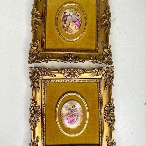 Pair VTG Jean Honoré Fragonard Cameo Courting Ornate Wall Art Gold Frame MCM BHN