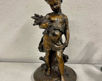 Vintage french art nouveau sculpture 17” child w harvest bronze color