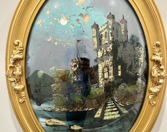 Antique reverse glass On The Danube castle painting convex glass gold frame